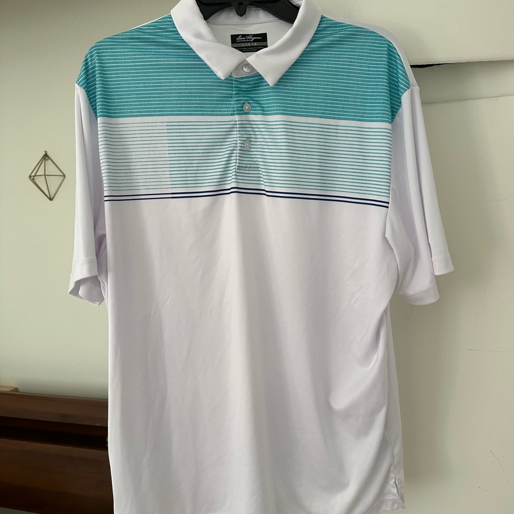 Ben Hogan Men's Large White Polo with Teal Stripe Golf Shirt